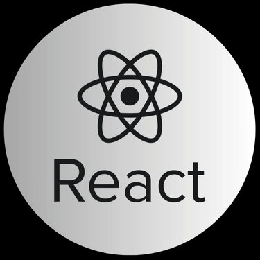 React logo featuring an atom design above the word React in black on a gray circular background.