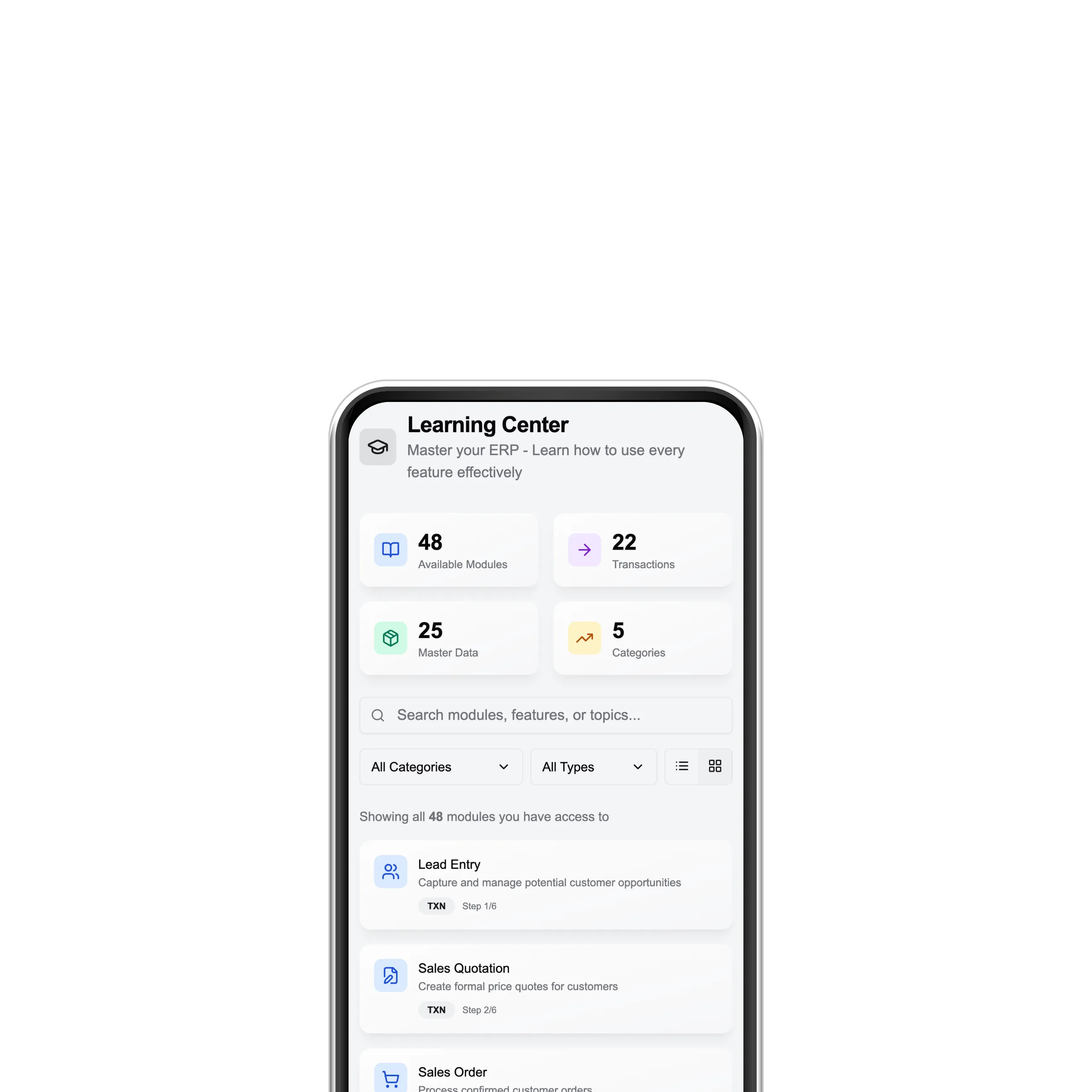 Mobile screen showing Learning Center with 48 modules, 22 transactions, 25 master data, and 5 categories in an ERP app.