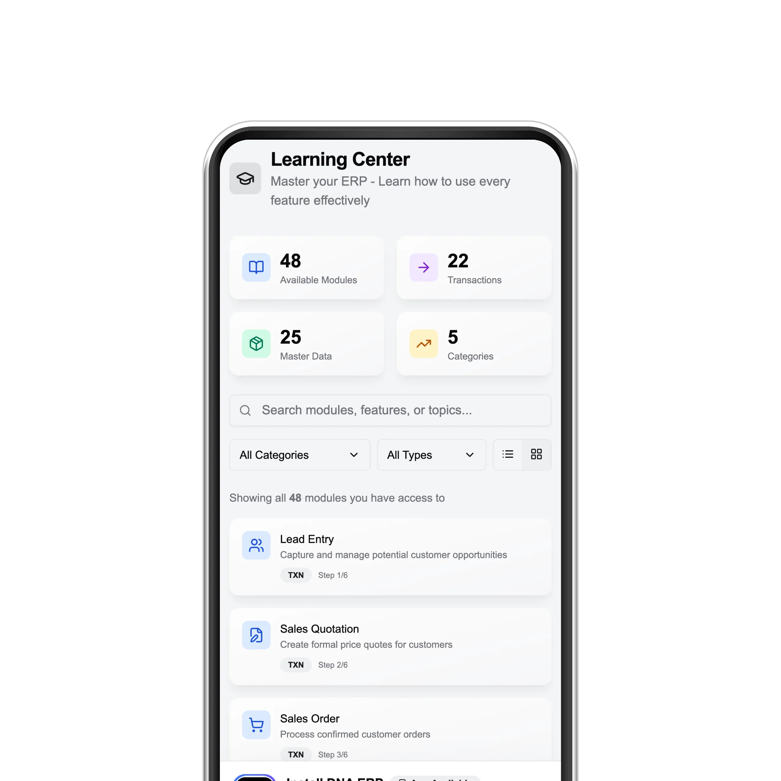 Mobile screen showing Learning Center with 48 modules, 22 transactions, 25 master data, and 5 categories in an ERP app.
