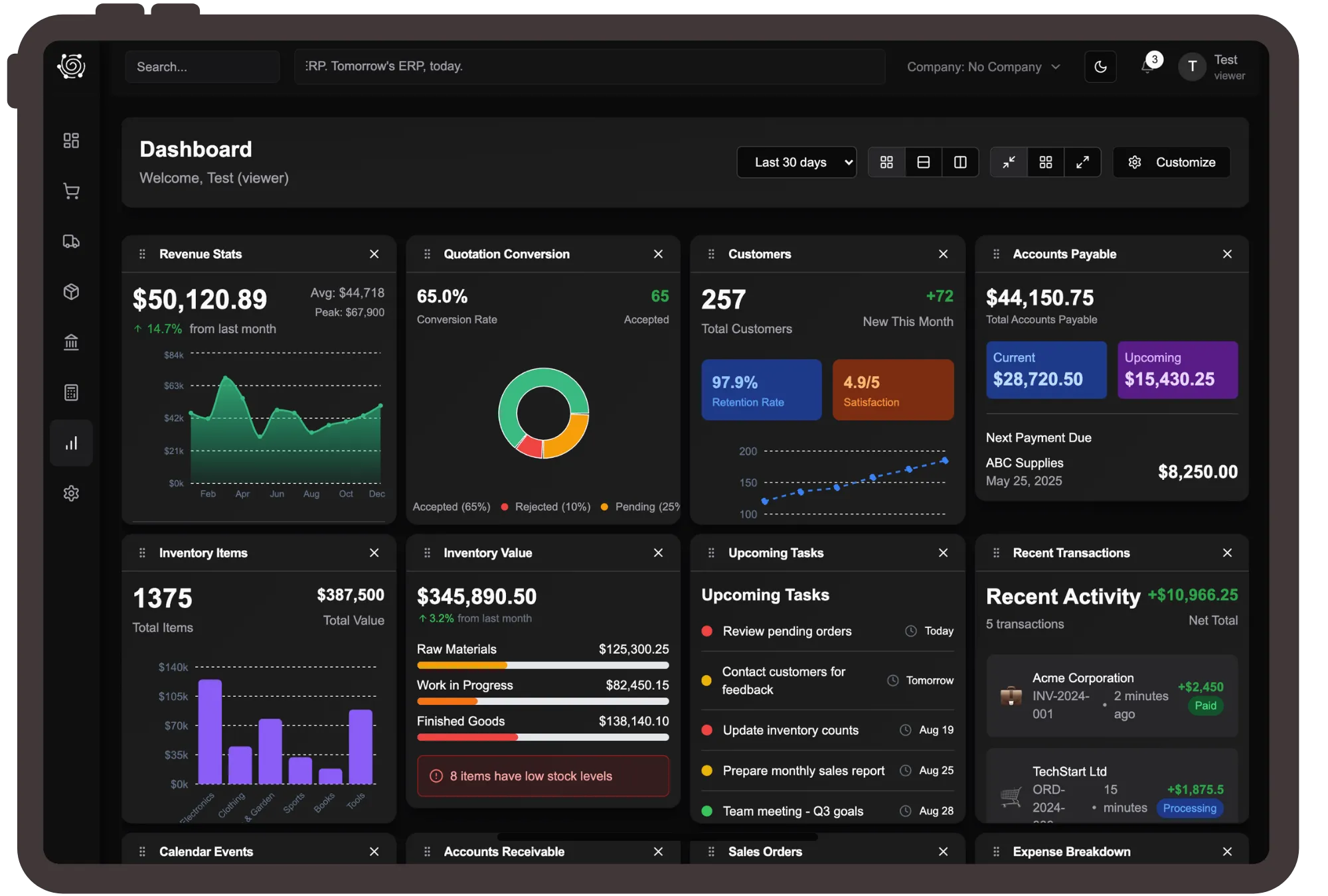 Dark mode ERP dashboard showing revenue, customers, inventory, tasks, accounts payable, and recent transactions.