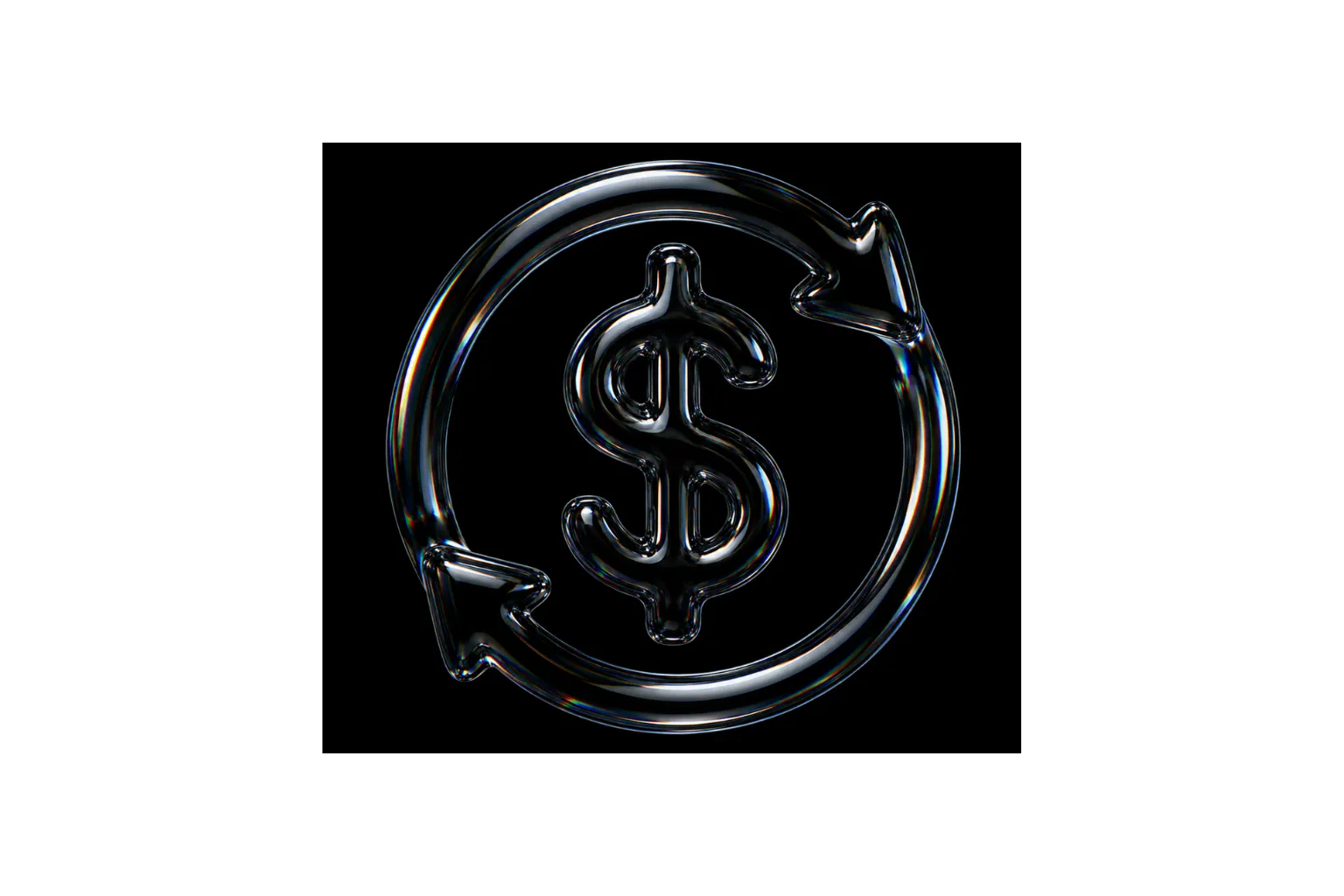 Transparent 3D dollar sign enclosed by circular arrows symbolizing money flow or currency exchange.