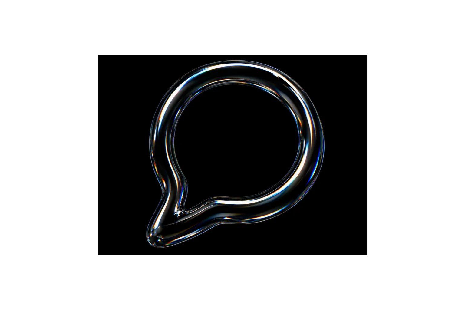 A transparent glass speech bubble icon on a black background.