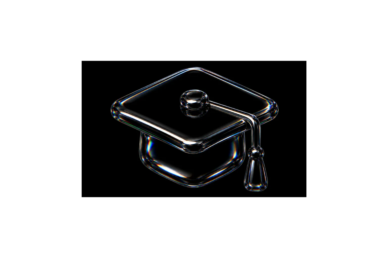 Transparent glass graduation cap with tassel on black background symbolizing education.