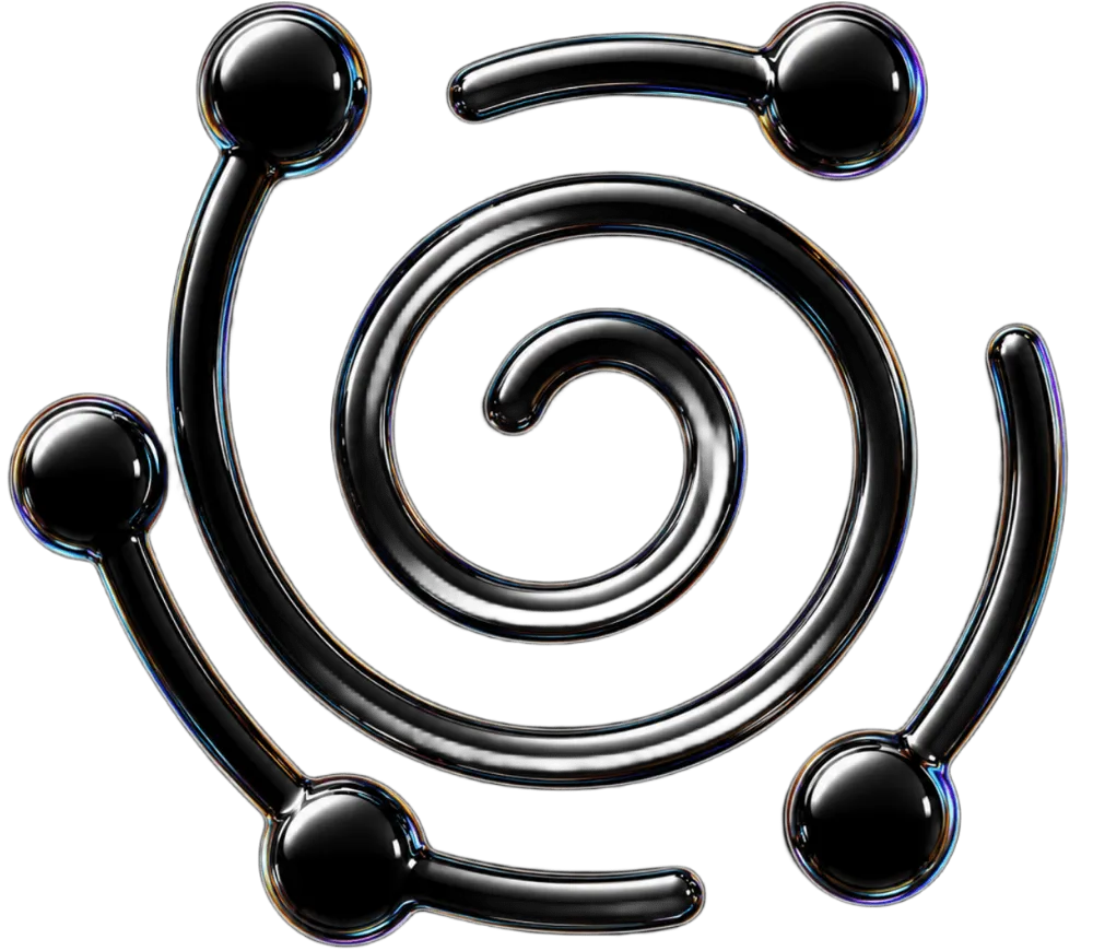 Glossy black 3D abstract spiral with four curved lines ending in spheres around it on black background.