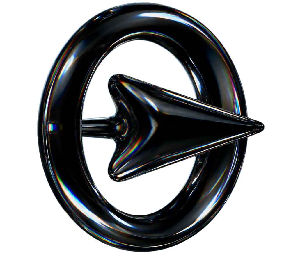 Glossy black 3D arrowhead inside a circular ring pointing right on a transparent background.
