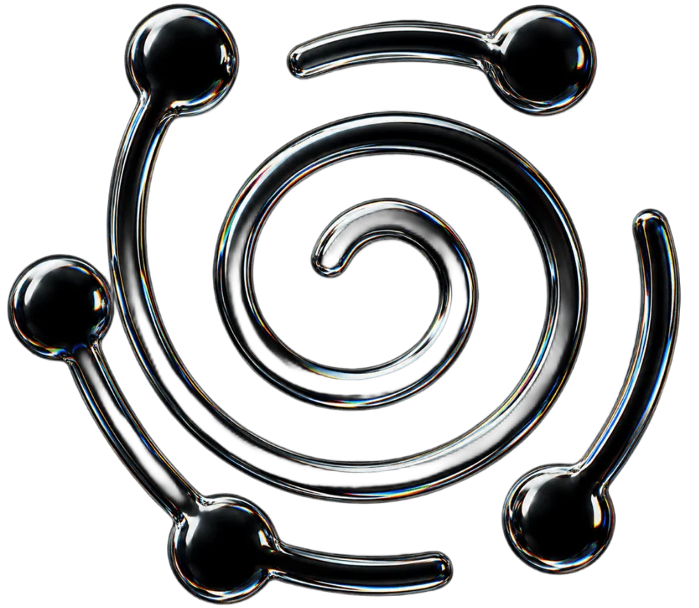 Glossy black spiral with five connected spheres on a black background.