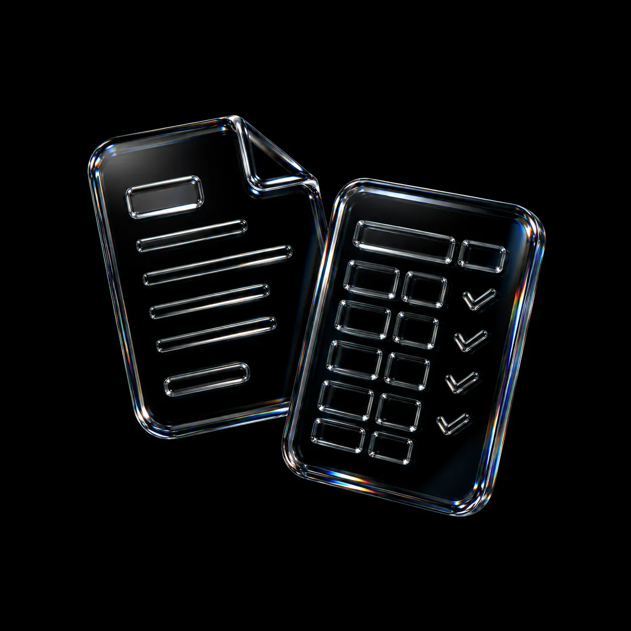 Transparent 3D icons of a document and a checklist with checkmarks on a black background.