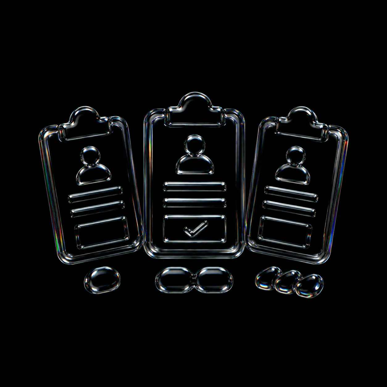 Three transparent clipboard icons with user profile and text lines, one with a checkmark, on black background.