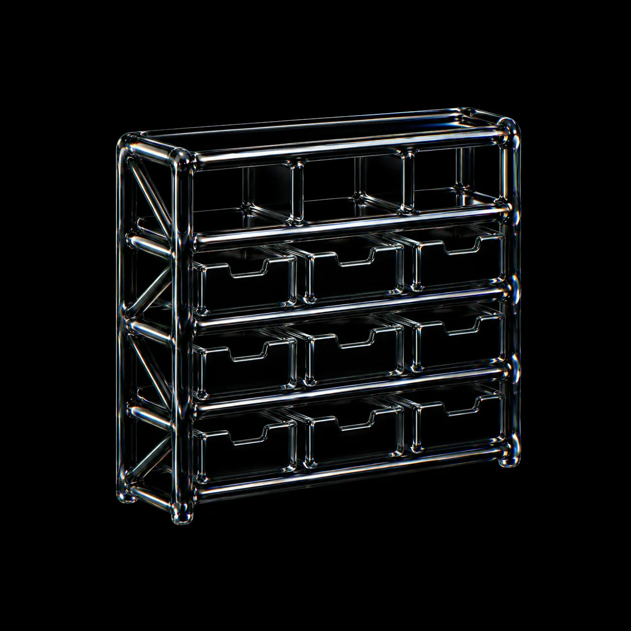 Transparent glass-like shelving unit with multiple compartments and drawers on a black background.
