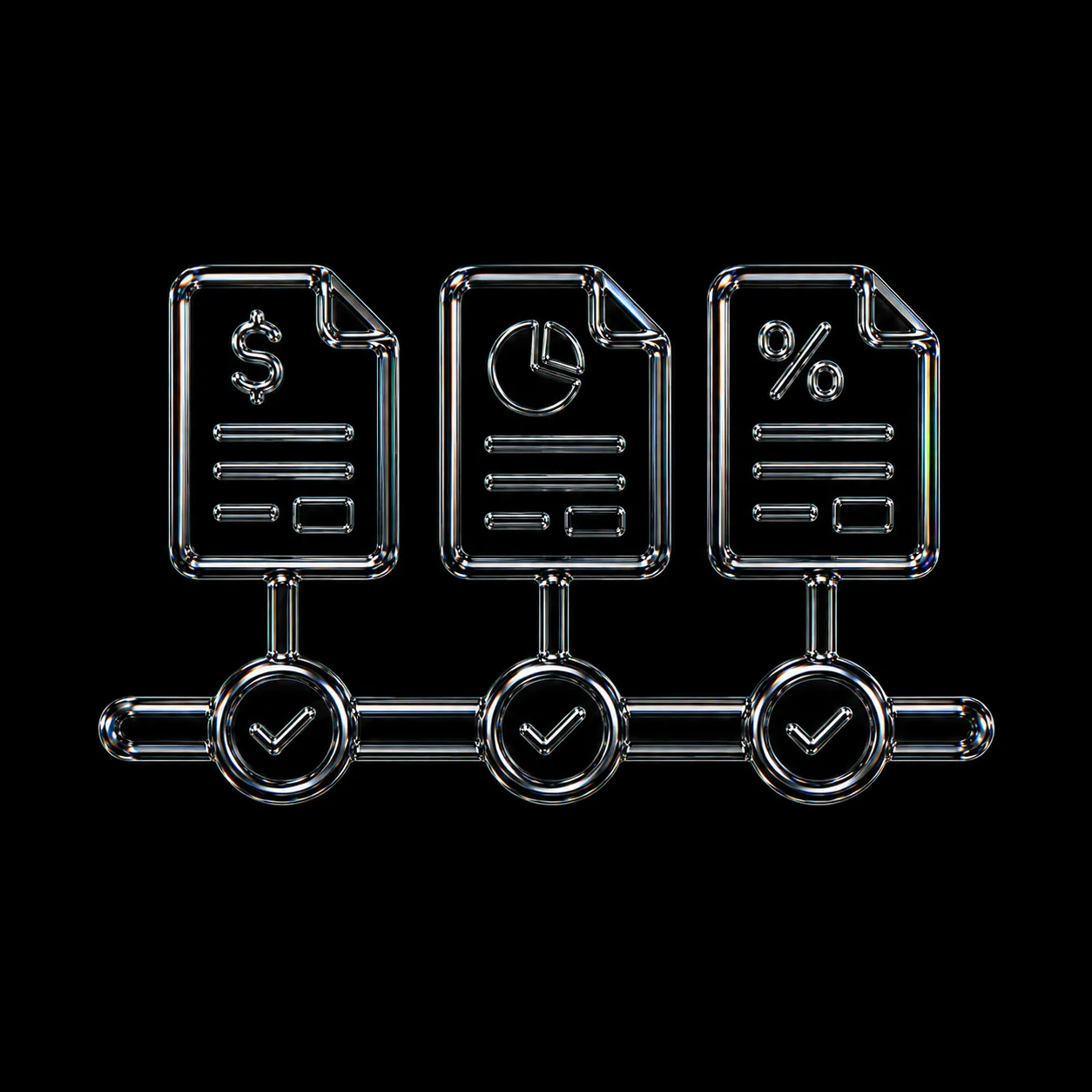 Three connected documents with dollar, pie chart, and percentage icons above check marks on black background.