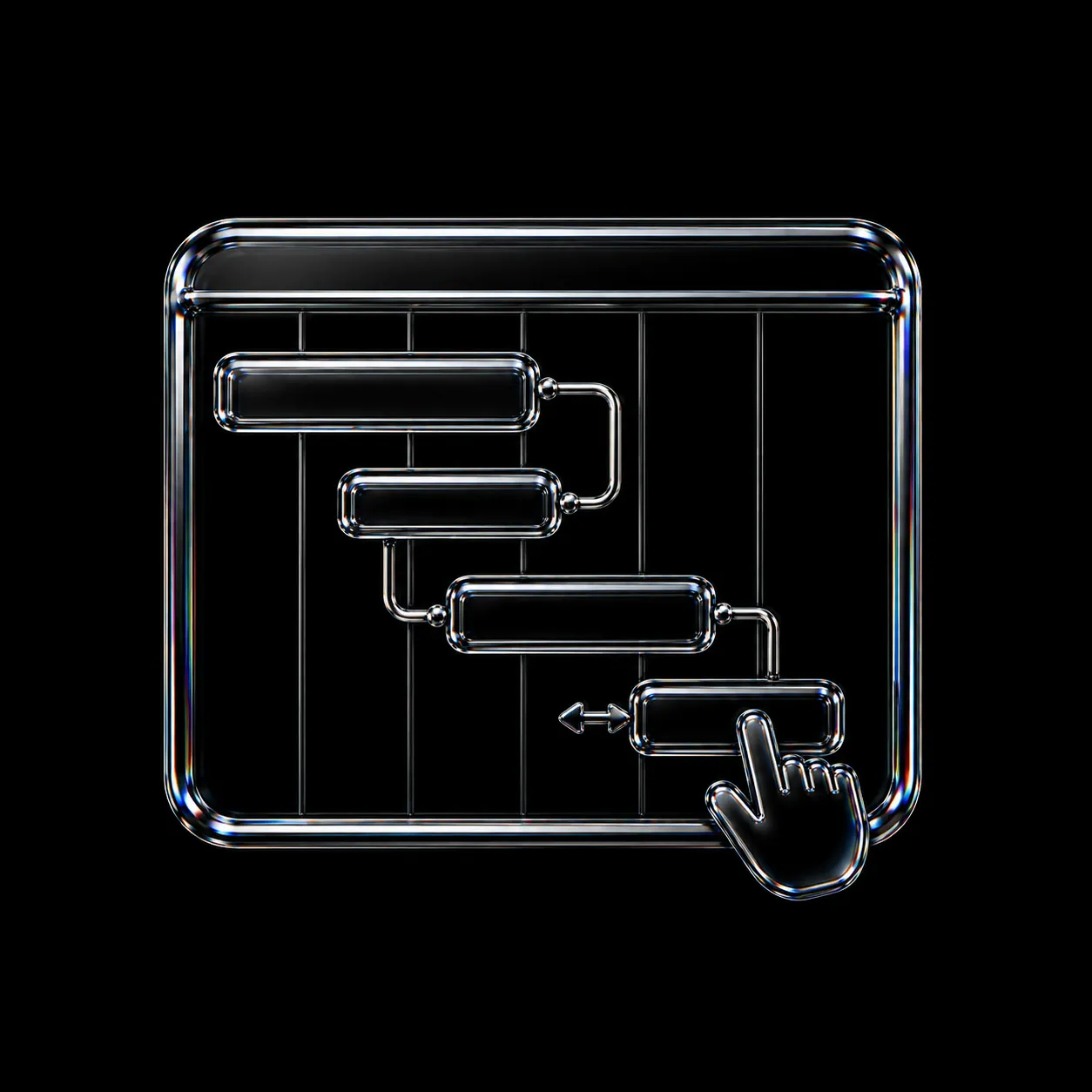 3D transparent digital gantt chart with adjustable task bars and a hand cursor icon.