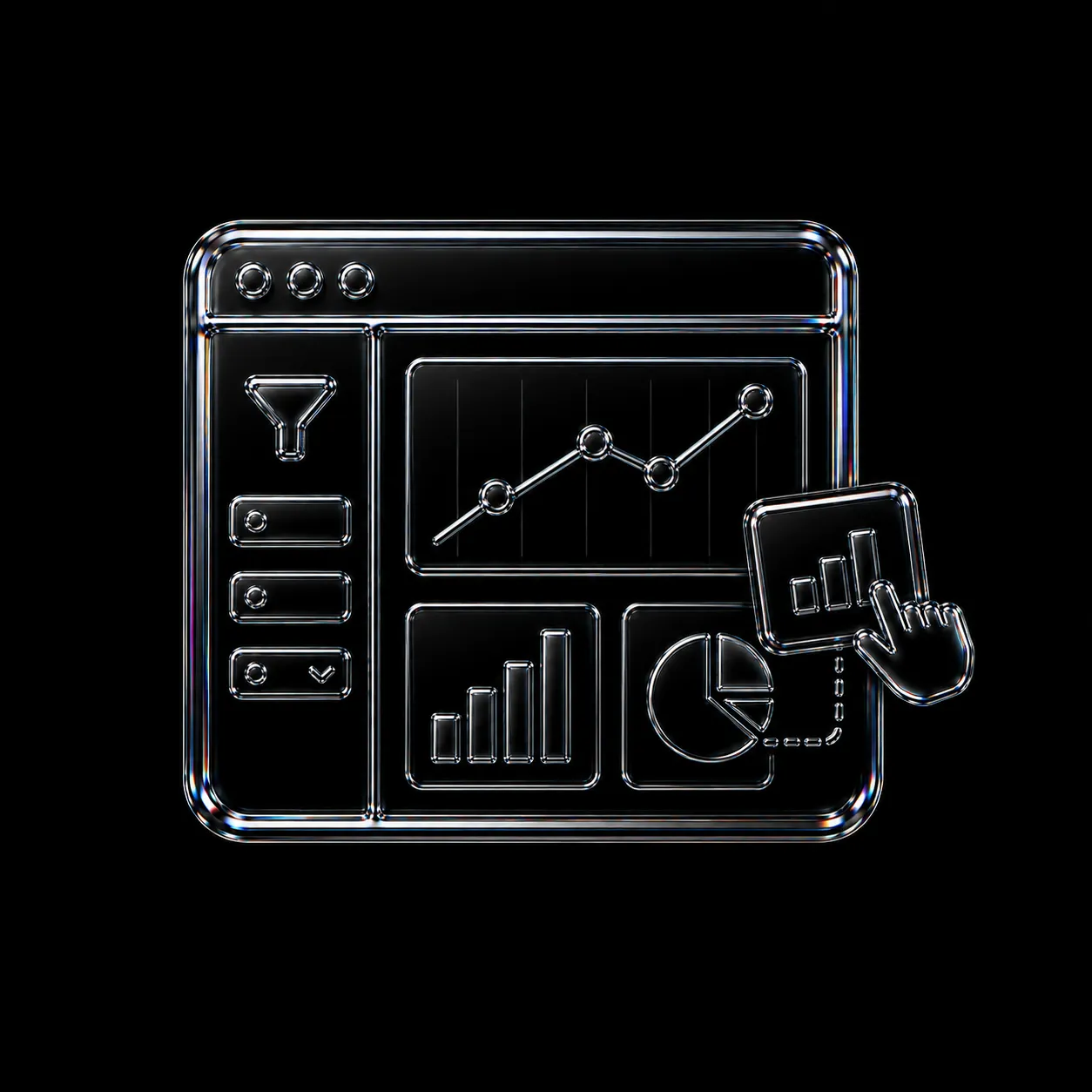 Glossy black dashboard interface with line, bar, and pie charts, and a cursor clicking a bar chart icon.