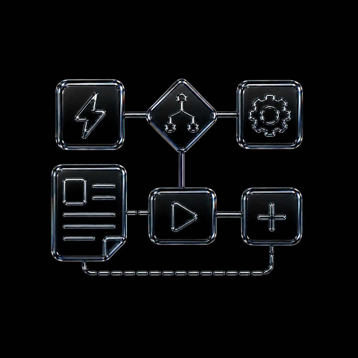 Glowing transparent digital flowchart icons connected by lines on a black background.