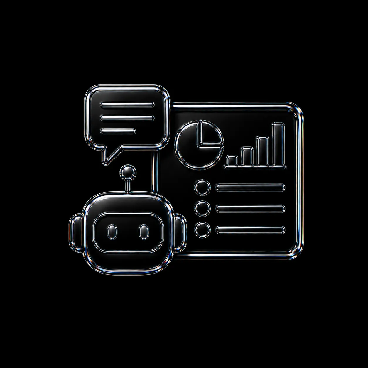 Glossy black chatbot icon with speech bubble and data analytics charts on a black background.