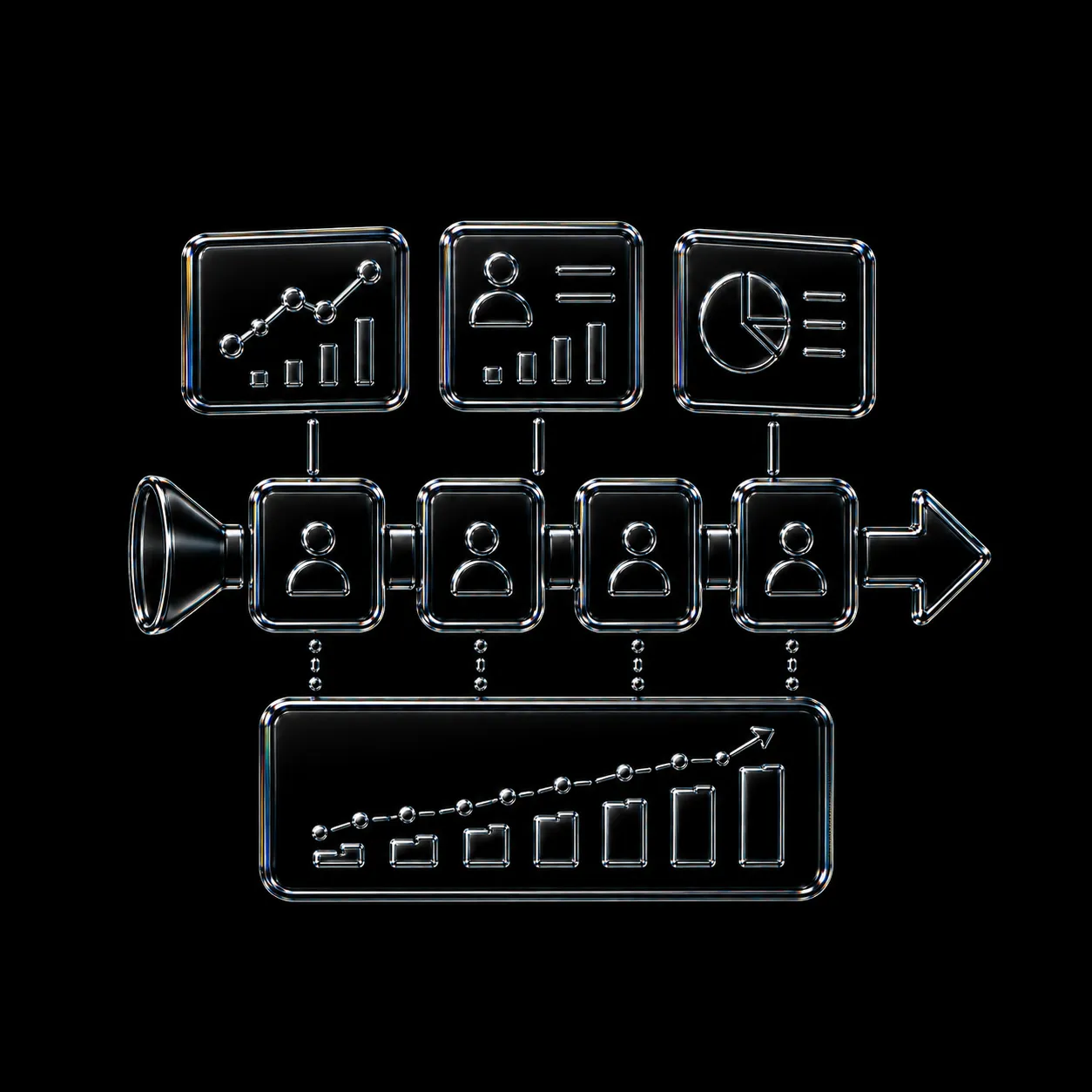 Diagram of a funnel process with user icons leading to charts and rising bar graphs.