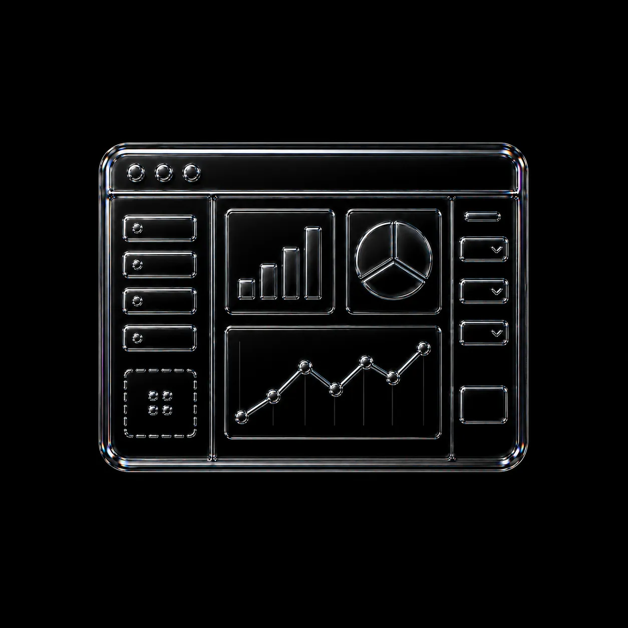Transparent glass-style user interface with bar chart, pie chart, and line graph on a black background.