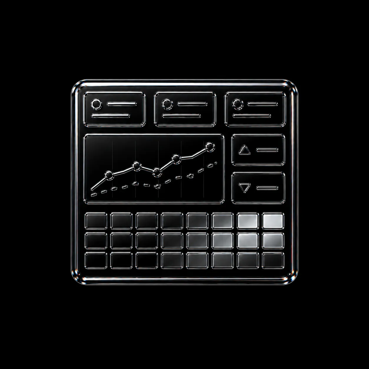 Glossy black dashboard interface with line chart, buttons, and grid layout on dark background.