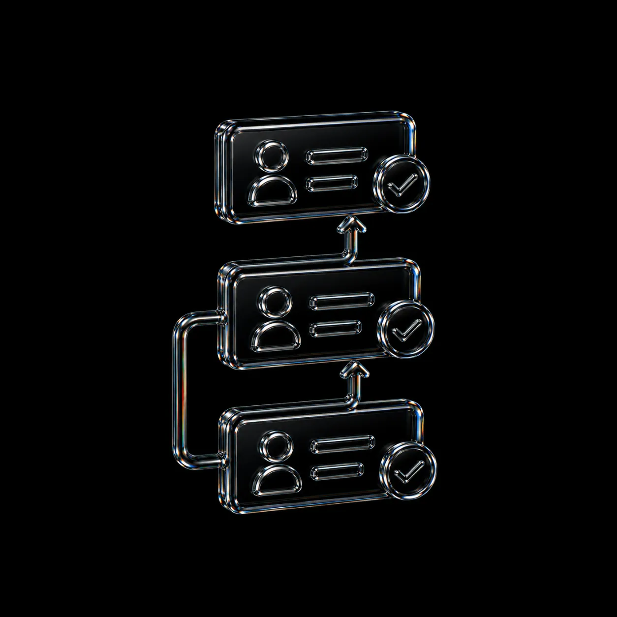 3D transparent icons of user profiles connected with arrows and checkmarks on black background.