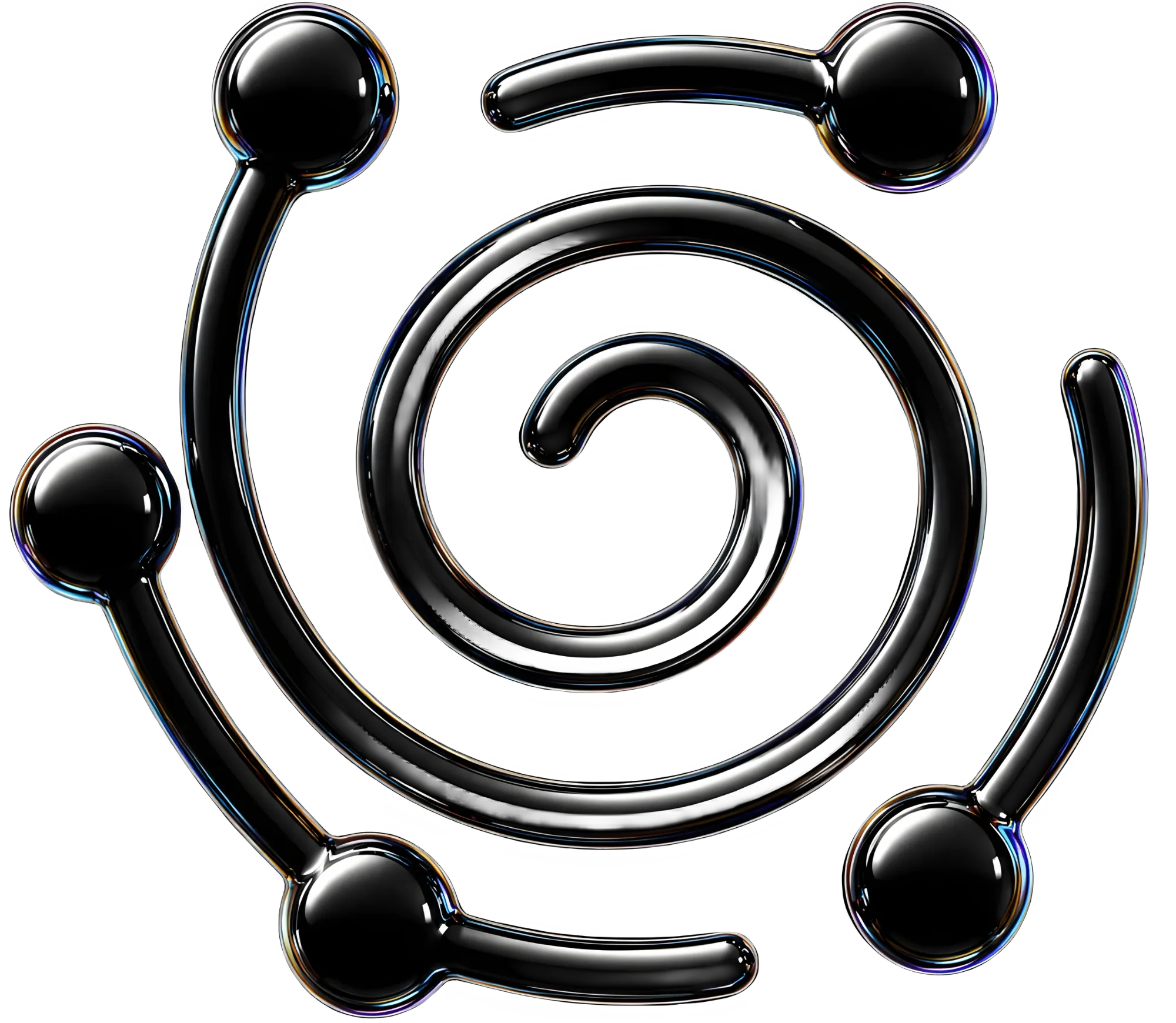 Glossy black 3D spiral with connected spherical nodes on a black background.