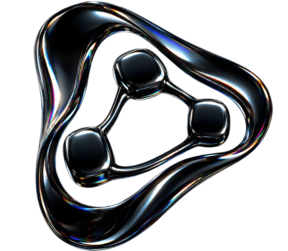Abstract black metallic shape with three rounded nodes connected by smooth curved links.