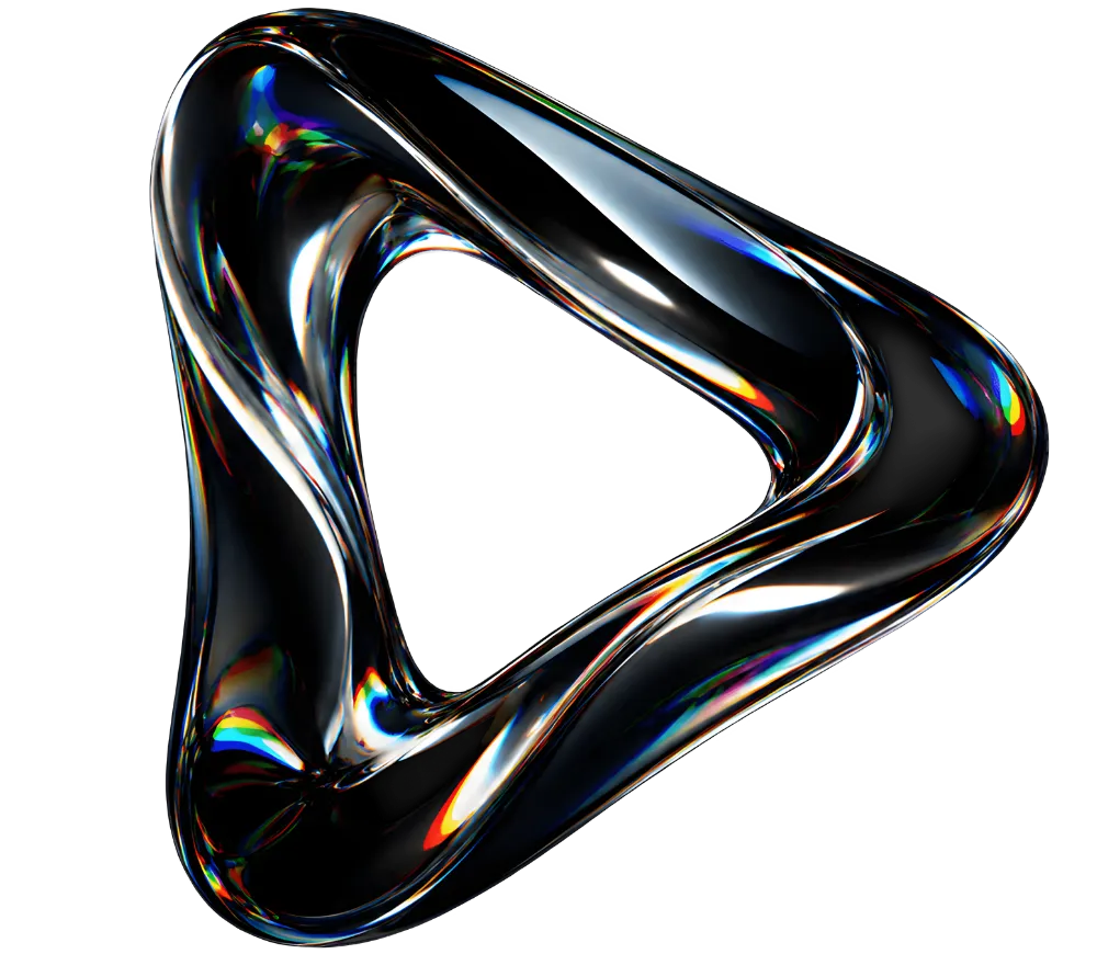 Transparent twisted triangular glass sculpture with light reflections on a black background.