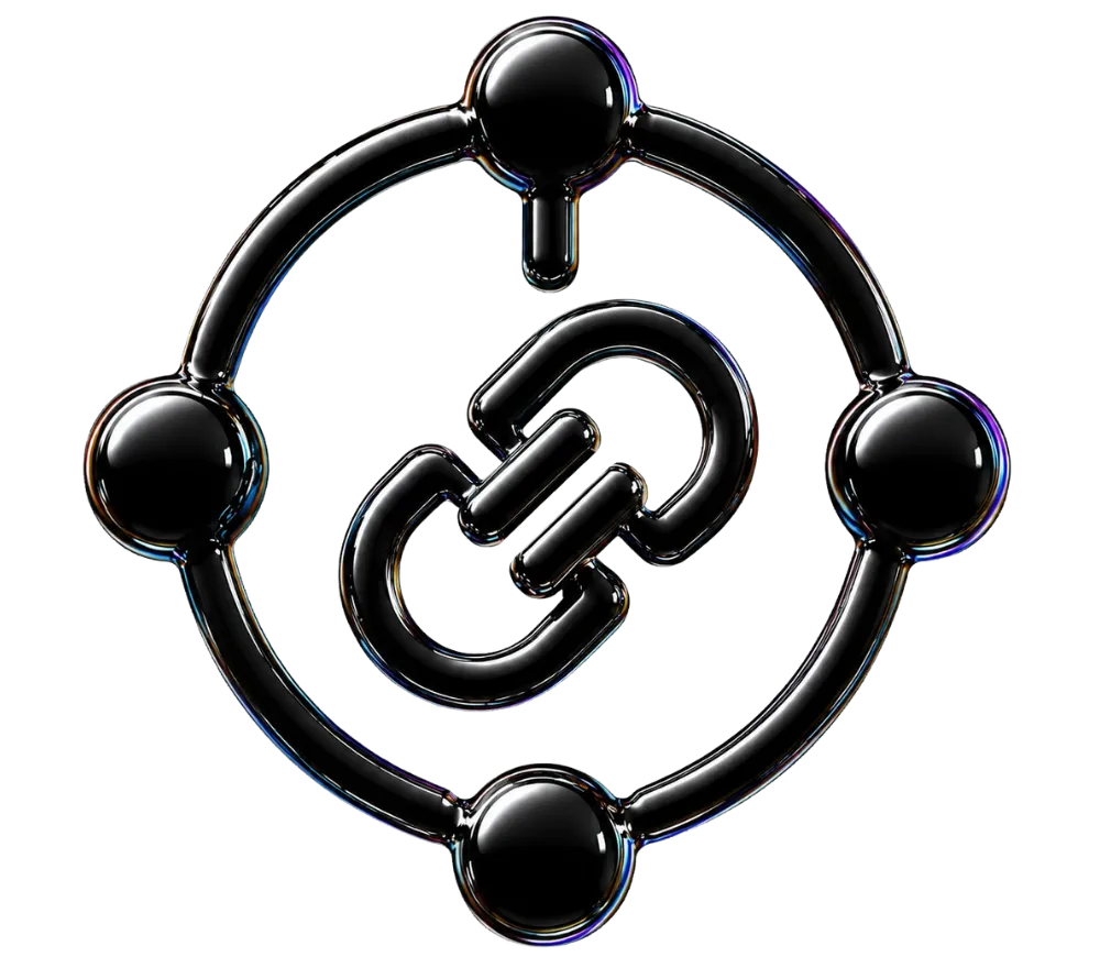 Black glossy chain link symbol inside a circle connected by four round nodes.