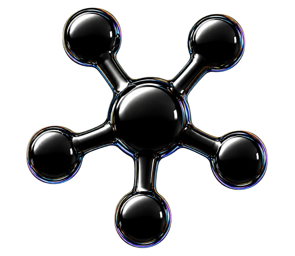Black shiny molecular model with one central sphere connected to five outer spheres.