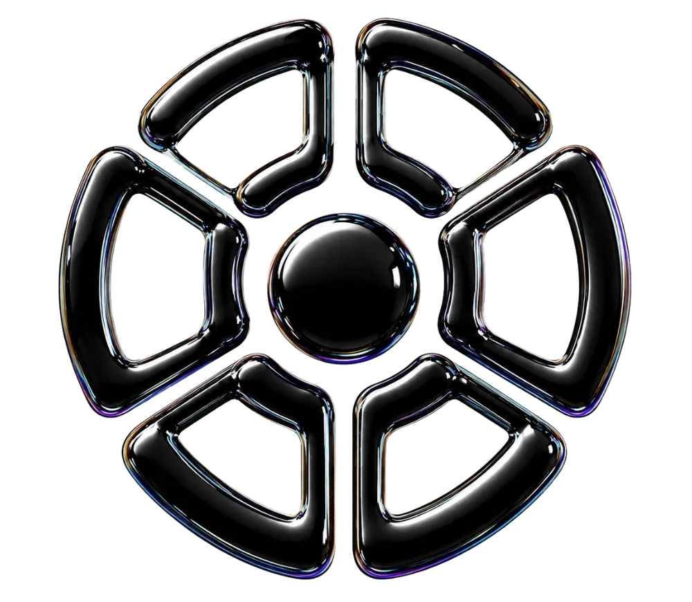 Glossy black abstract circular shape with six curved segments around a central solid circle.