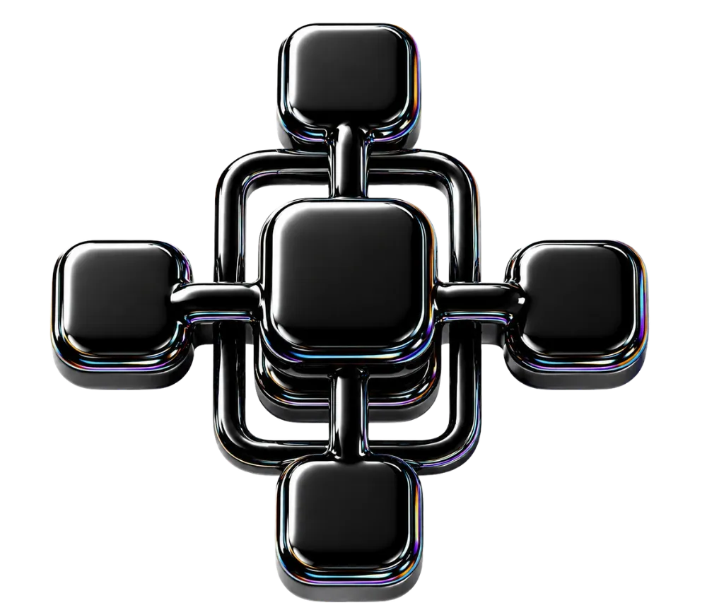 Black glossy 3D network or flowchart icon with one center square connected to four squares around it.