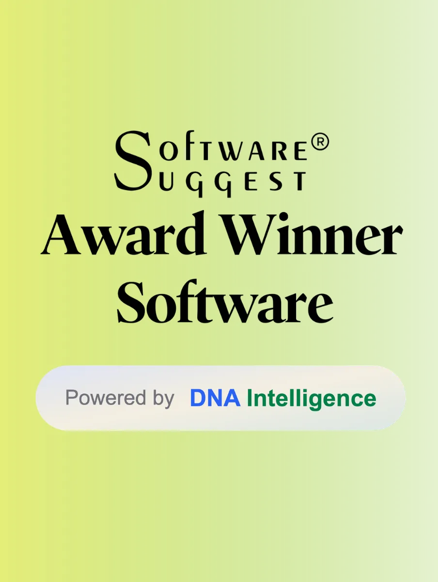 Software Suggest Award Winner Software badge powered by DNA Intelligence on green background.