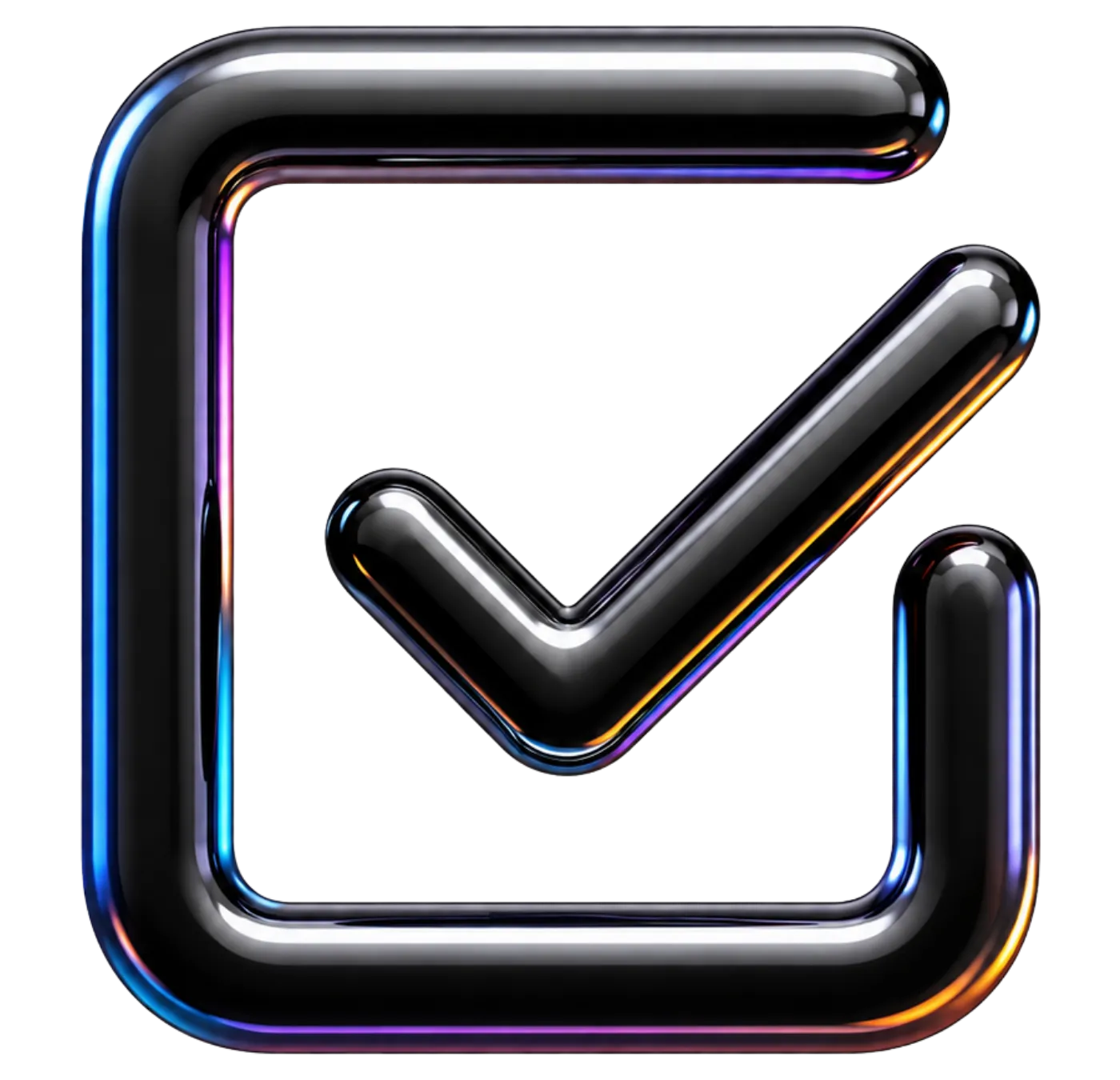 3D shiny black check mark inside a rounded square outline with colorful reflections.