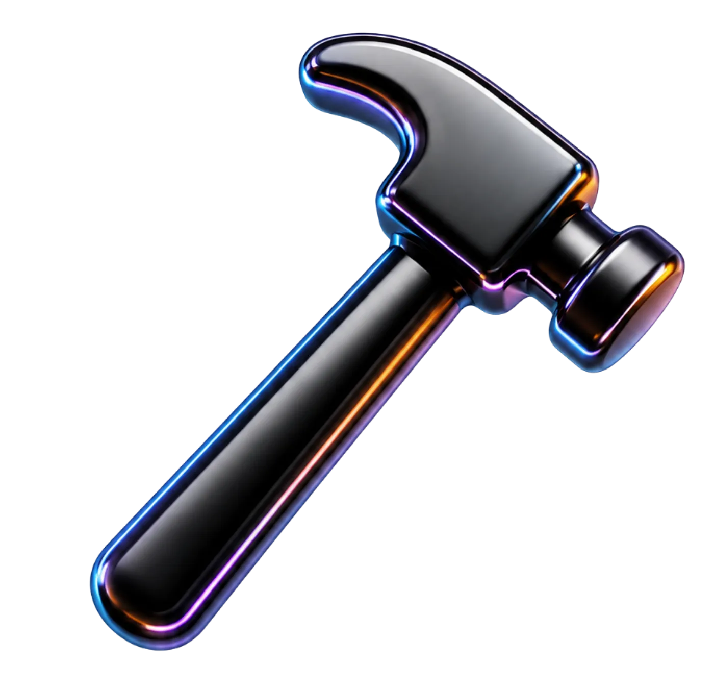Glossy black hammer with a smooth handle and rounded head on a transparent background.
