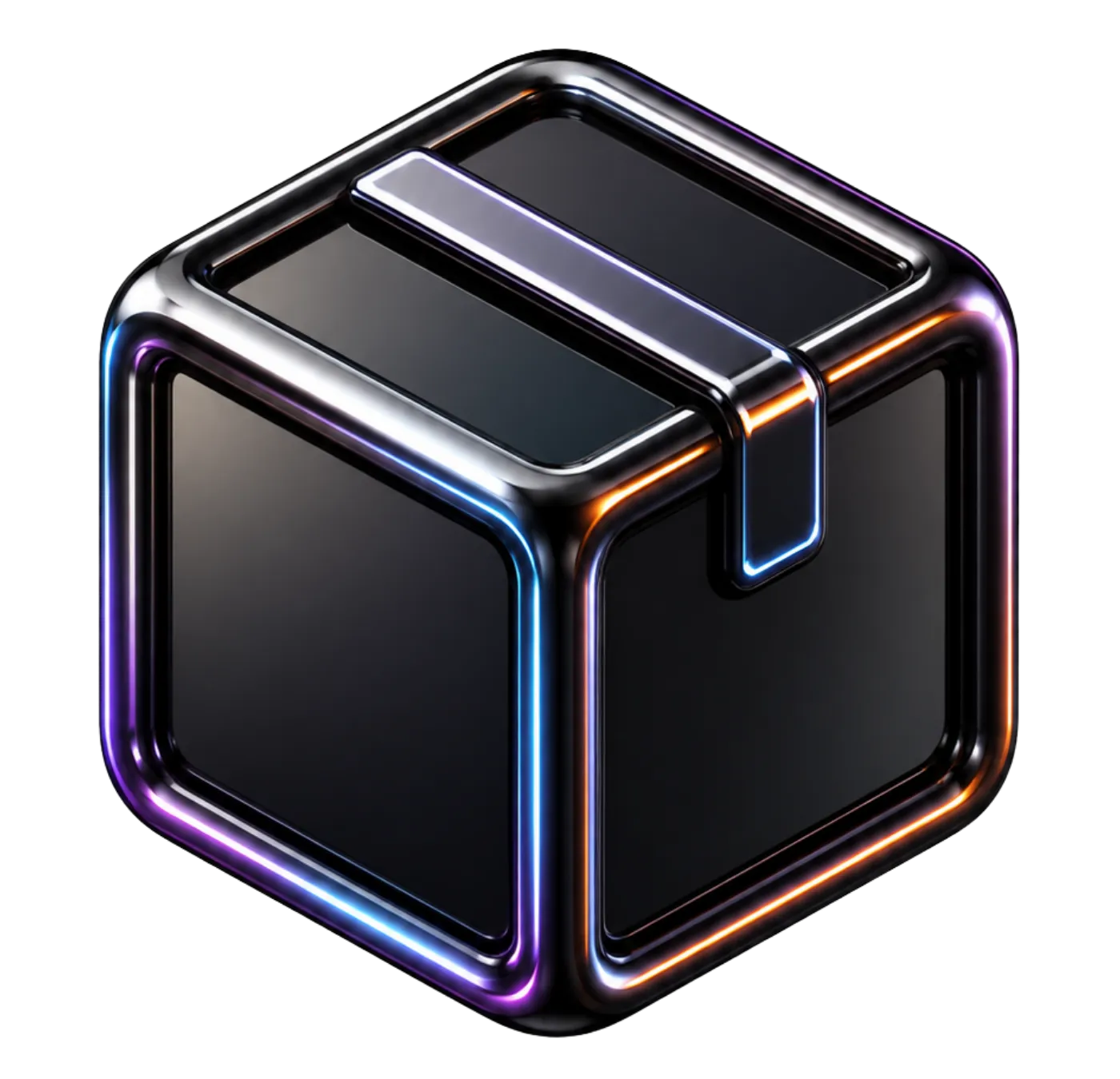 Glossy black cube with rounded edges and neon purple, blue, and orange highlights.