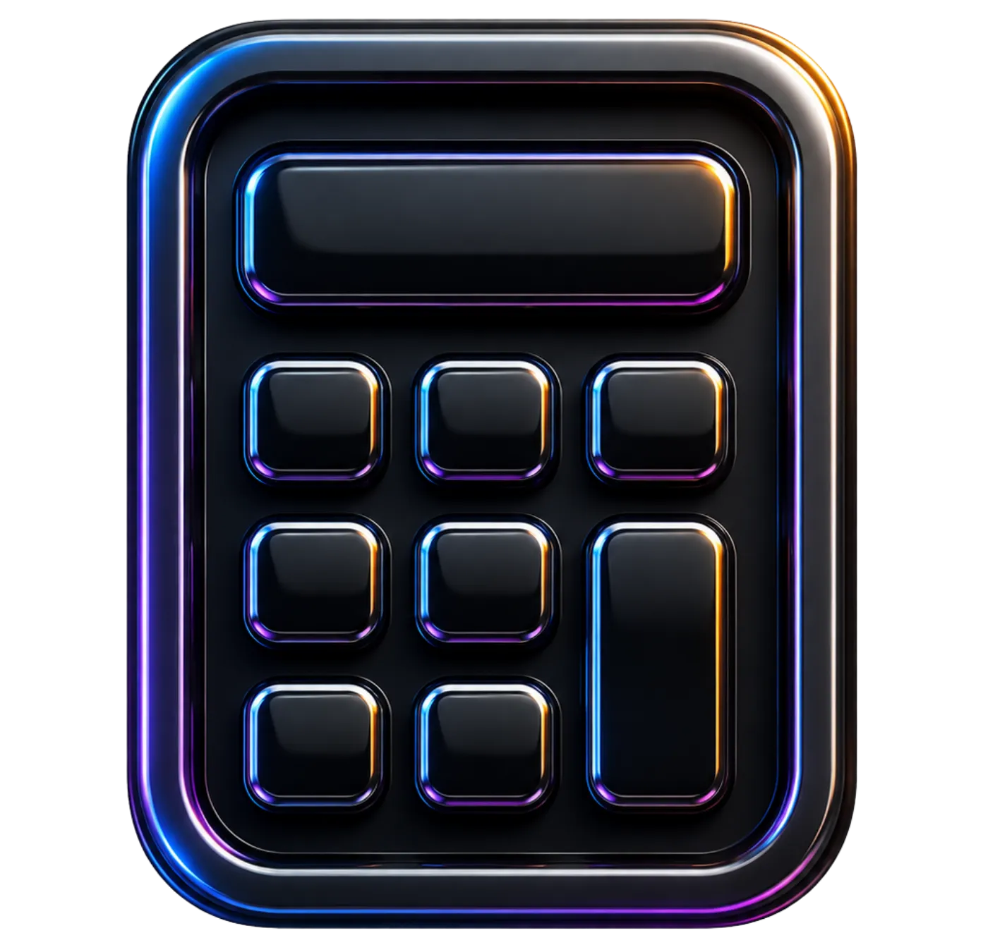 Black calculator icon with shiny blue and purple edges on a transparent background.