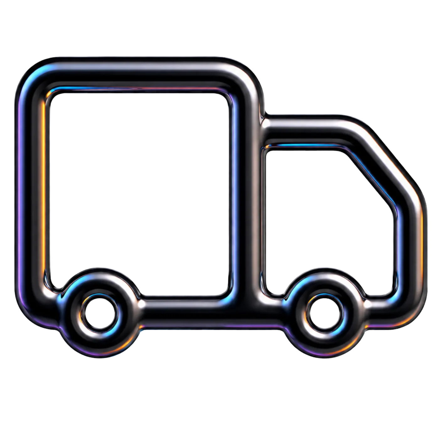Black metallic outline icon of a delivery truck with two wheels on a black background.
