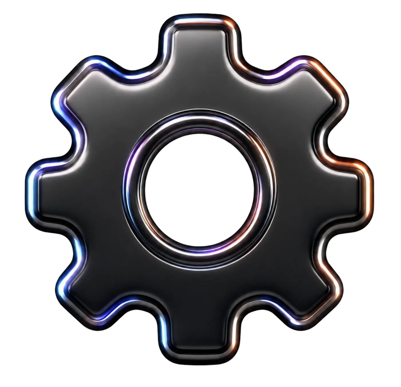 Black metallic gear icon with colorful reflective edges on a transparent background.