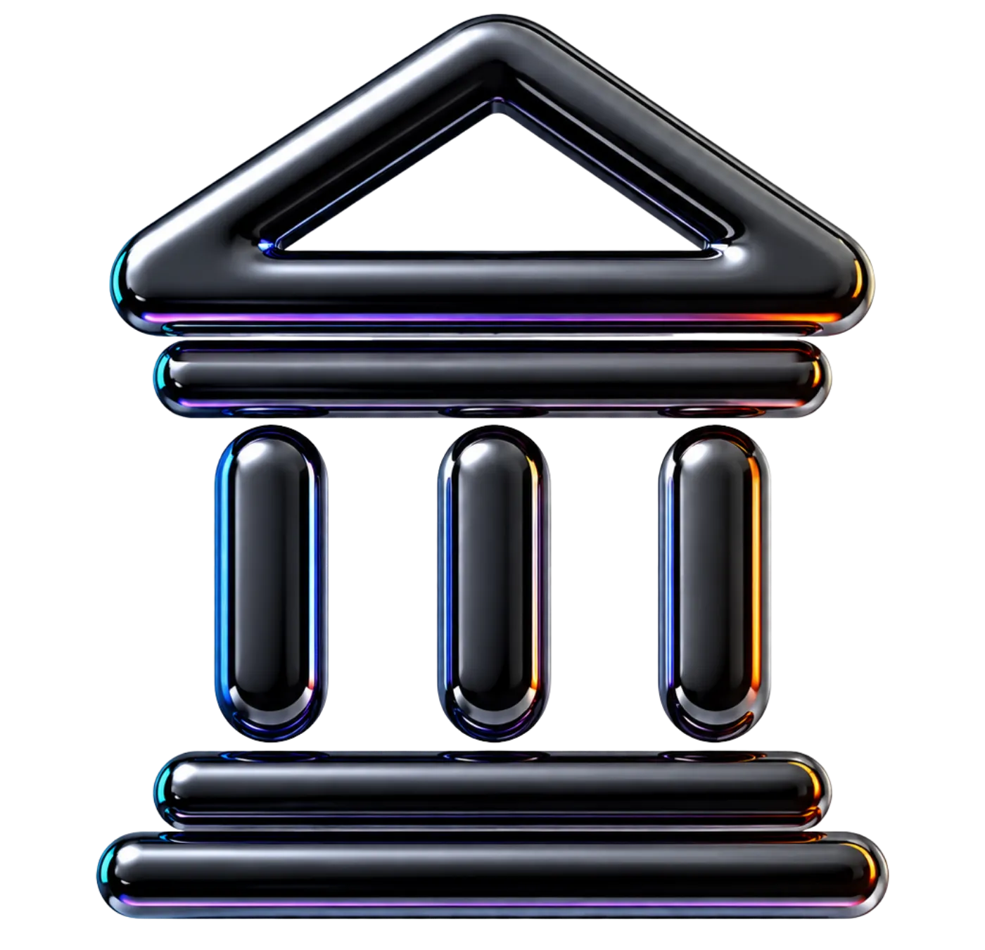 Shiny black modern abstract icon resembling a classical building with pillars.