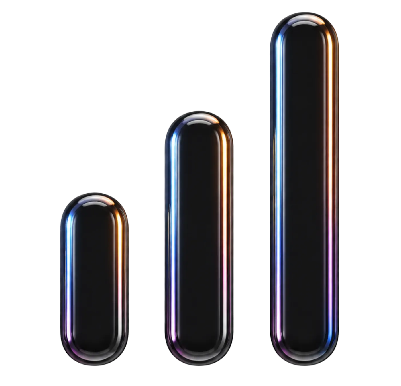 Three glossy black vertical bars of increasing height with colorful light reflections on a black background.