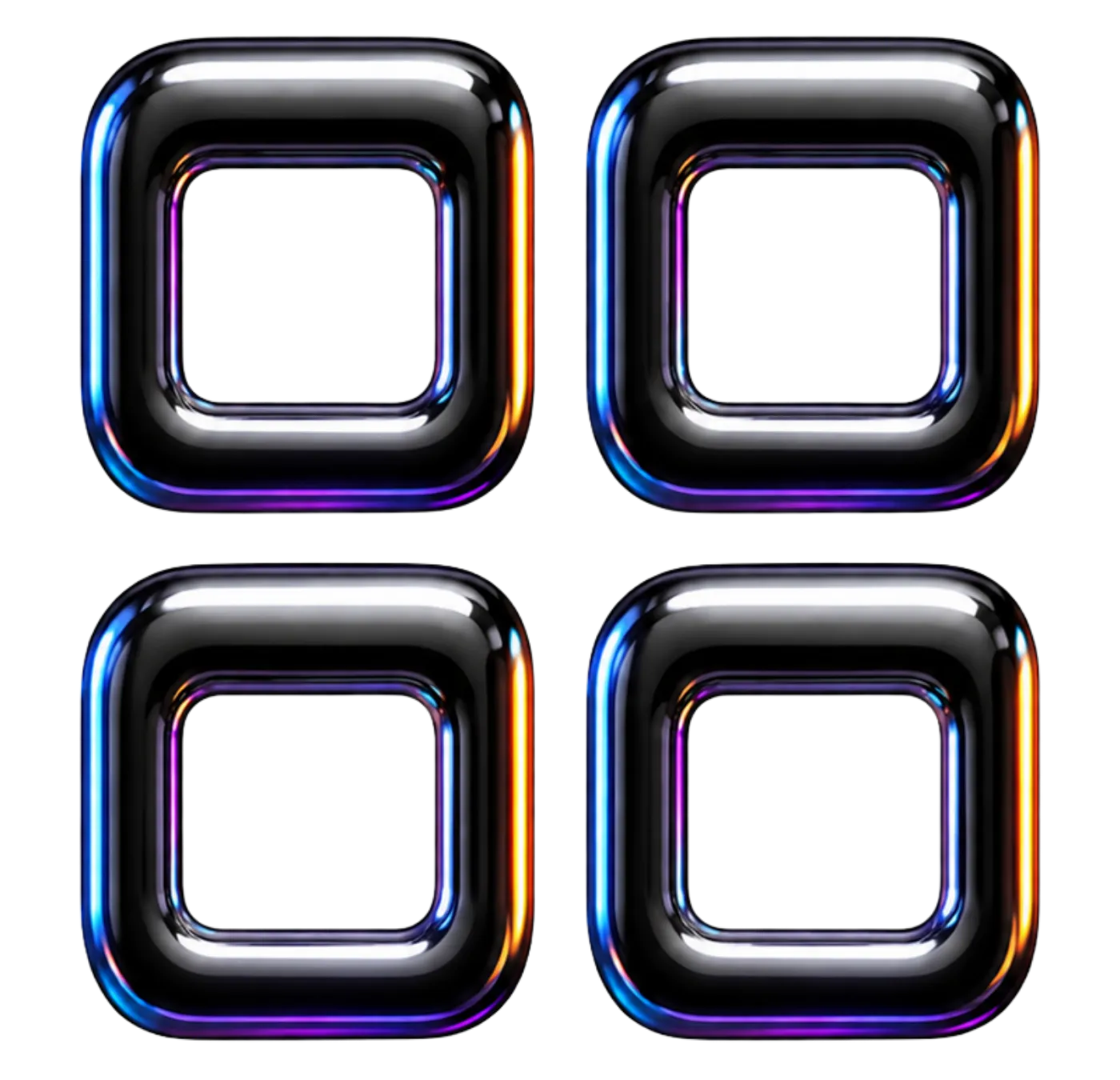Four shiny black rounded square shapes with blue, purple, and orange reflections on a black background.