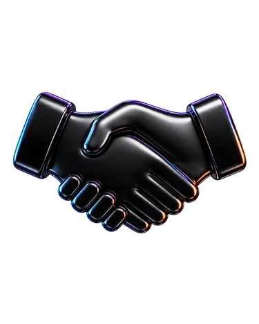 Black 3D handshake icon with subtle colorful edge lighting on a transparent background.
