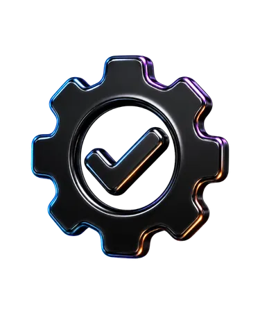Black gear icon with a checkmark inside, glowing with blue and orange edges.