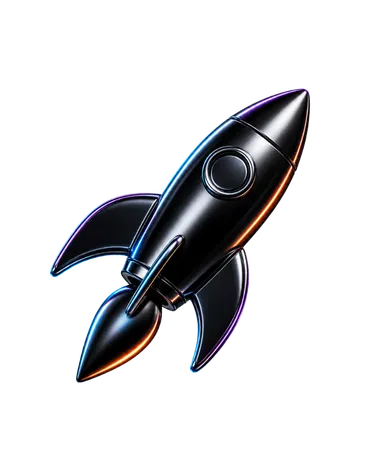 Sleek black rocket with three fins and a round window on its body.