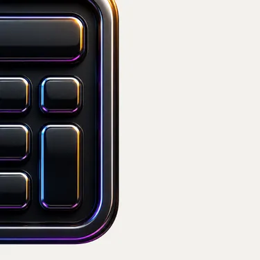Close-up of a black calculator icon with rounded buttons and subtle colorful highlights.