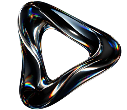 Transparent twisted triangular glass sculpture with light reflections on a black background.