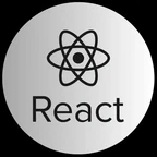 React logo featuring an atom design above the word React in black on a gray circular background.