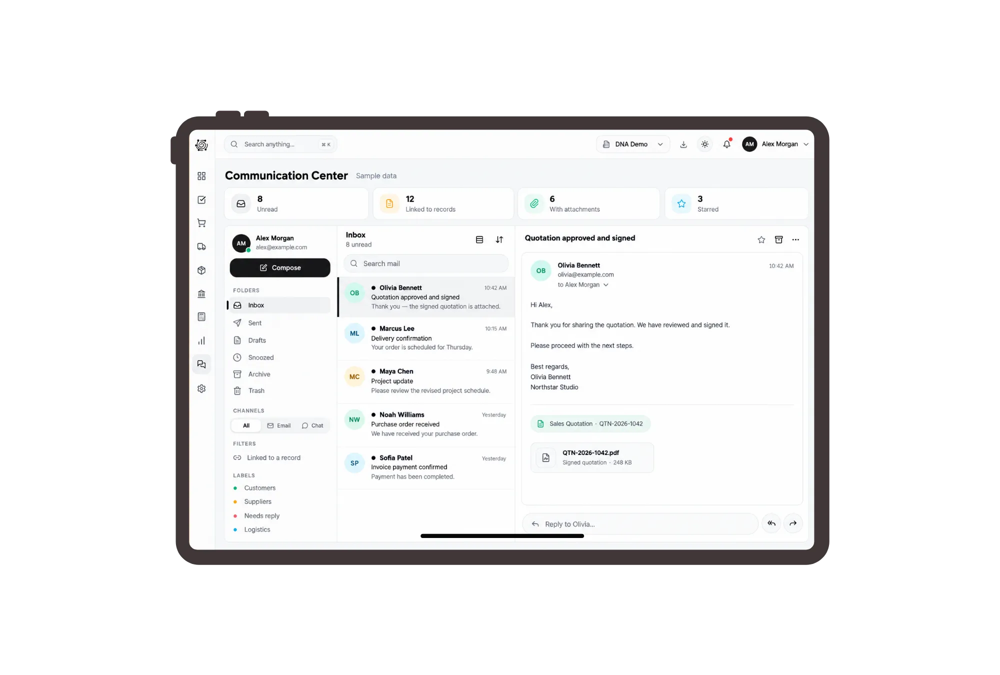 Communication Center inbox displayed inside a tablet