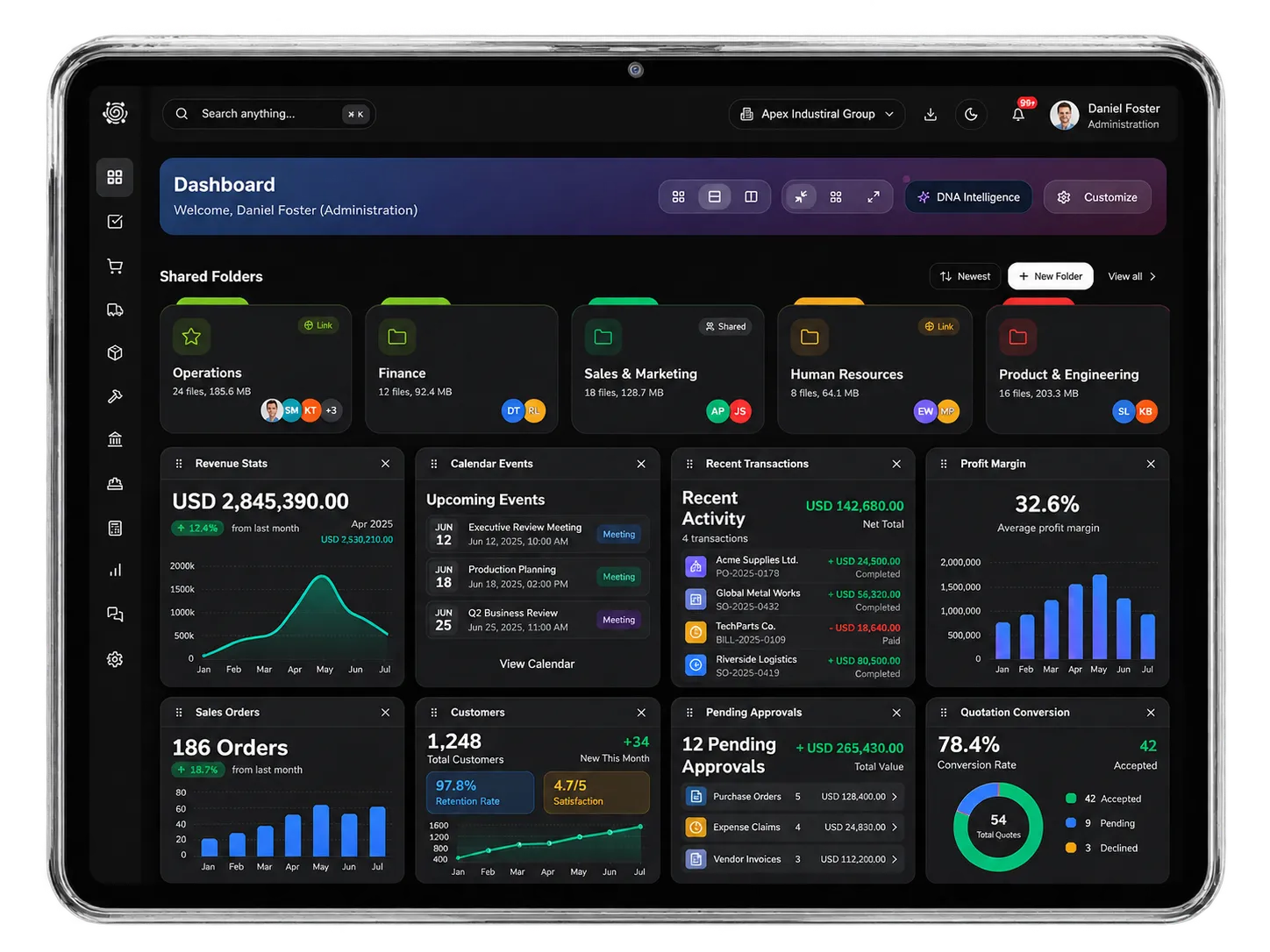 DNA ERP Dashboard — tablet preview