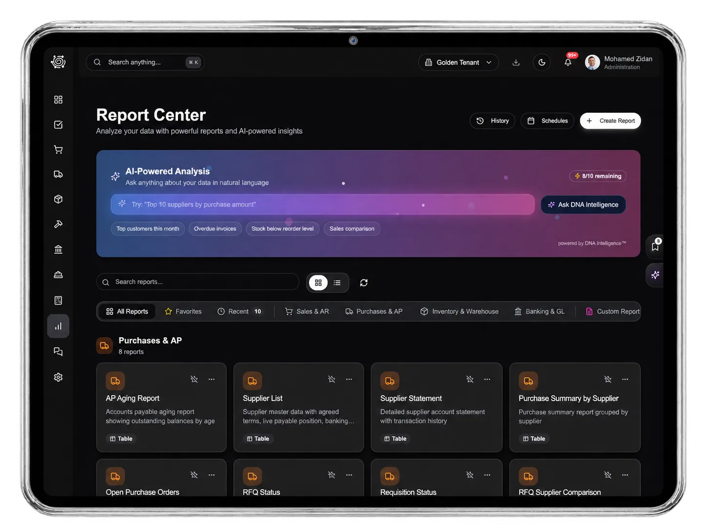 DNA ERP Reports & Analysis — tablet preview