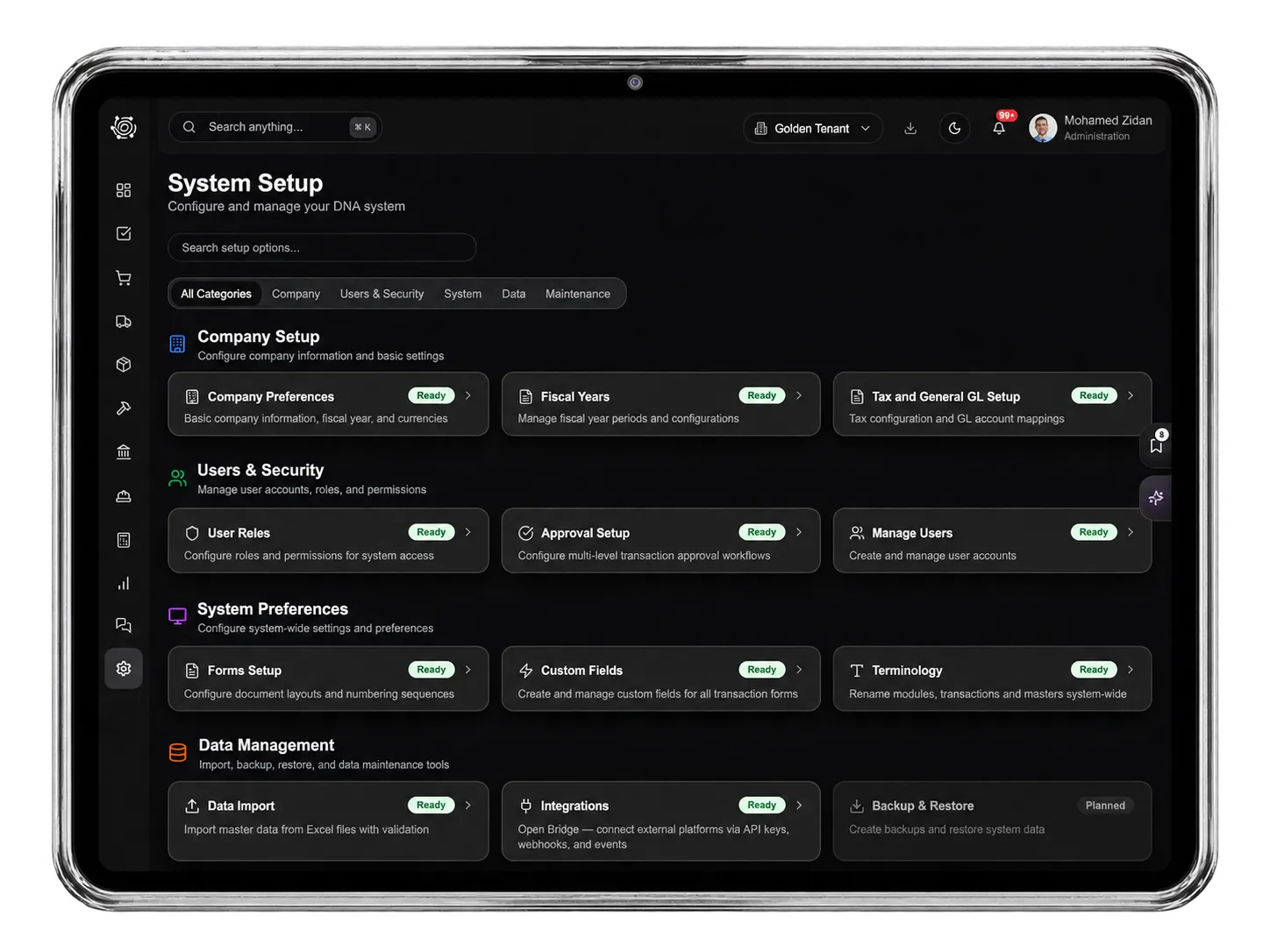 DNA ERP System Setup — tablet preview