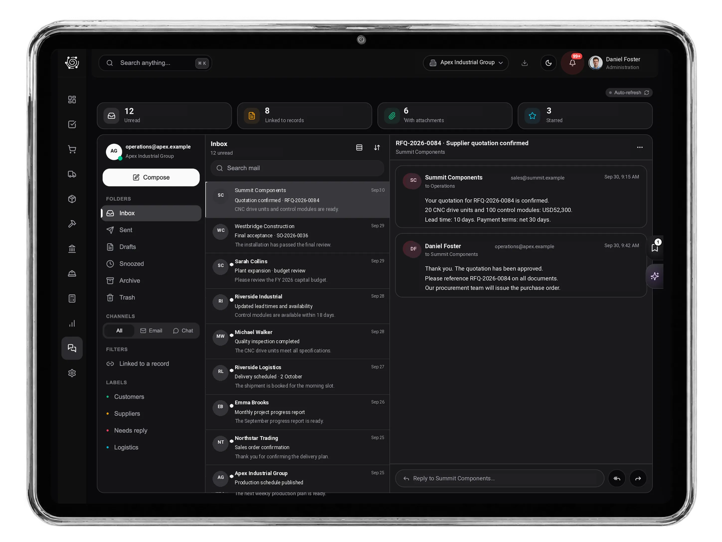 DNA ERP Communication Center — tablet preview